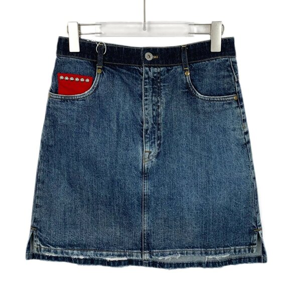 Miu Miu Distressed Denim Mini Skirt With Red & Blue Studded Pocket Accents - Picture 2 of 9